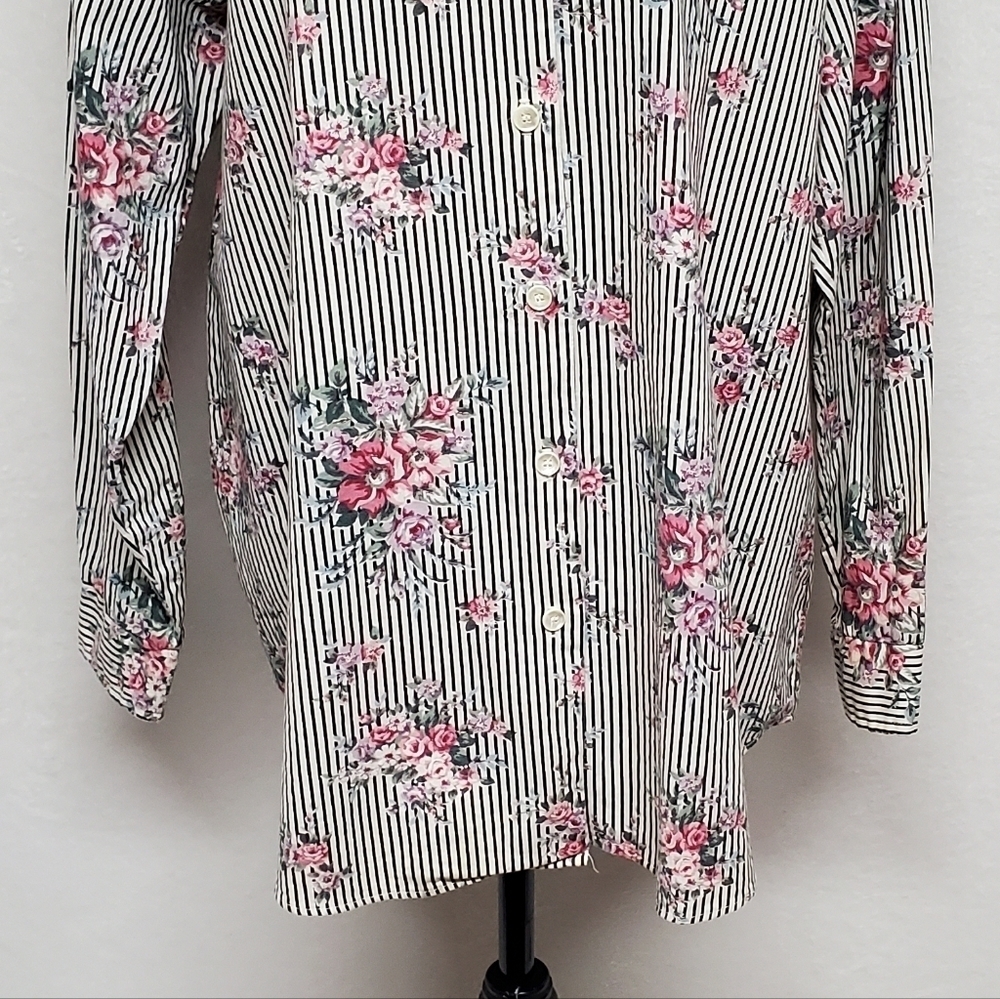 Casey & Max Vintage 80s Mixed Media Floral Striped Hi-low Button Up Blouse L - Picture 7 of 15